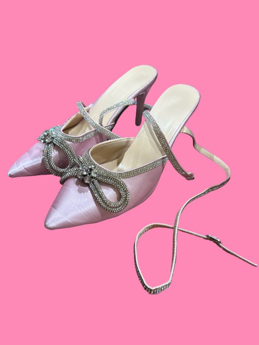Pink Satin Crystal Double Bow Pointed Toe Rhinestone Strap Heels